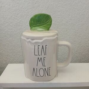 Rae Dunn Cream Mug with Green Leaf Lid - 'Leaf Me Alone'
